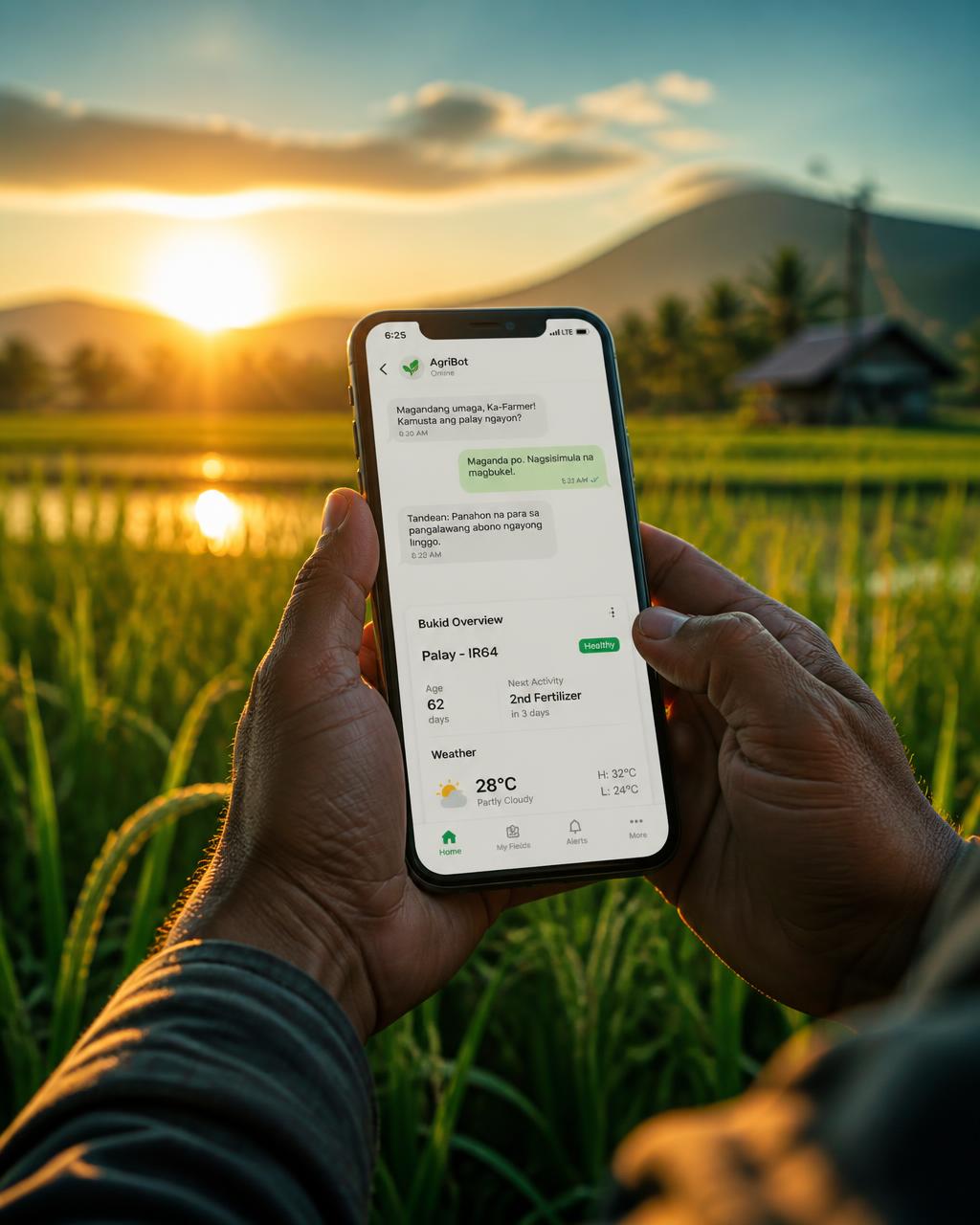 Filipino farmer holding a phone showing the Kuya AI chat and crop dashboard