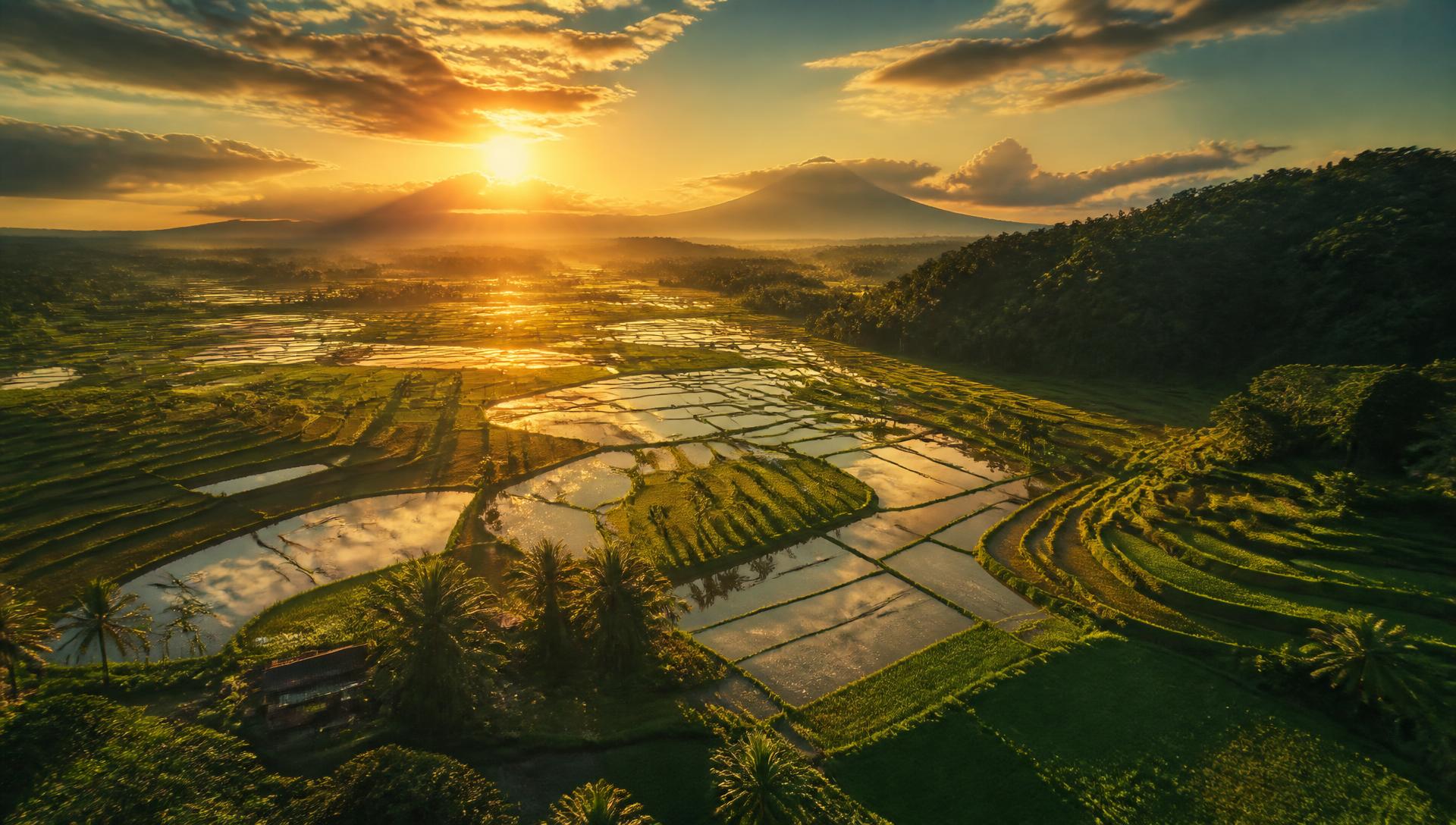 Golden-hour aerial view of Philippine rice paddies